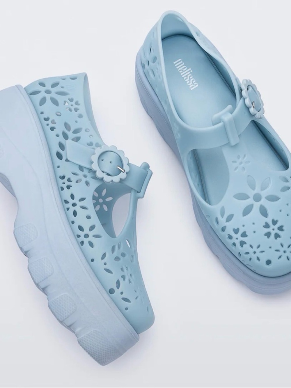 Melissa Pastel Blue Floral Cutout Mary Jane Platform Shoes